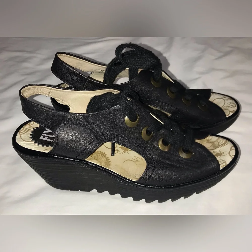 Fly London Yuta Black Lace Up Peep Toe Wedge Heel Sandals - Picture 7 of 8